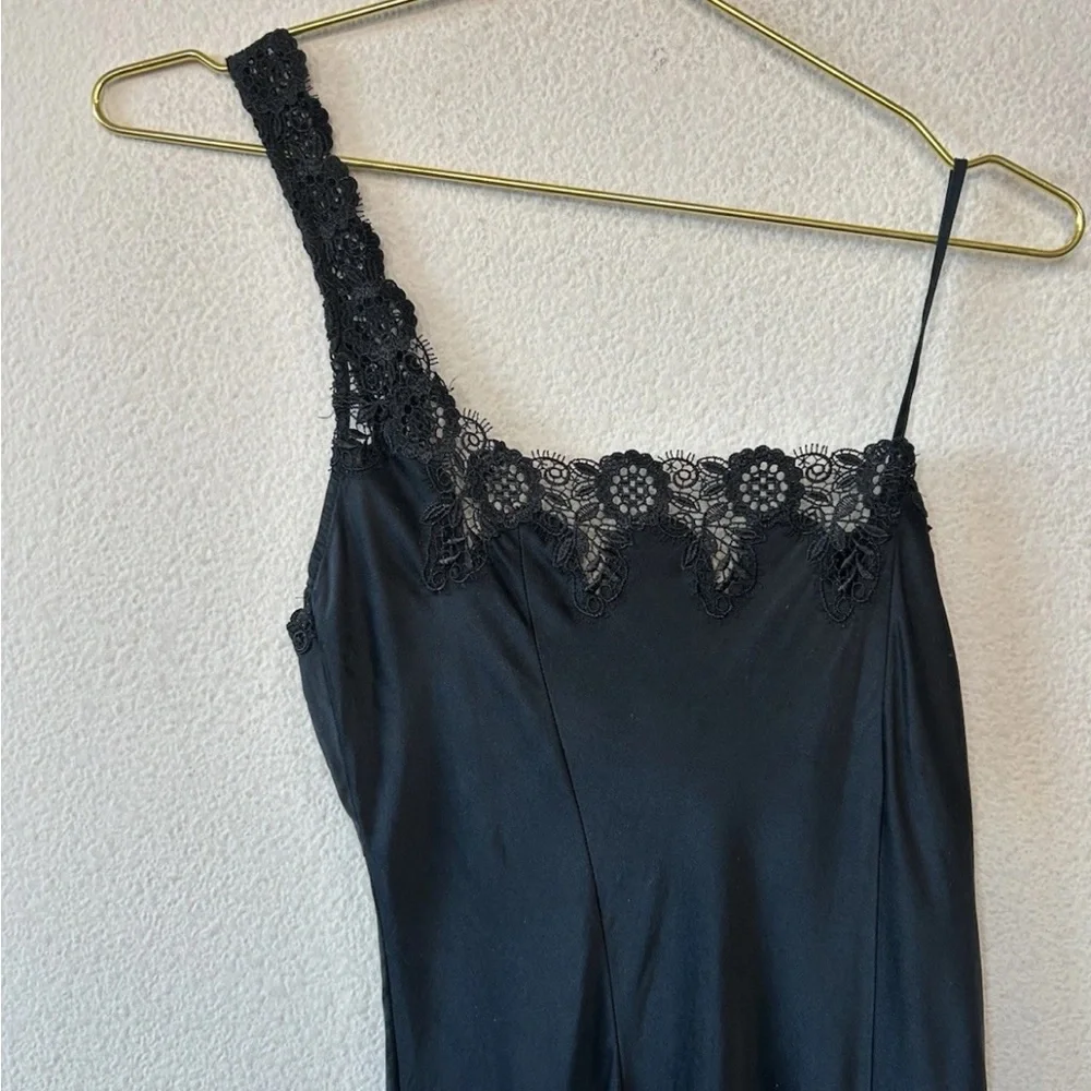 Vintage Y2K Black Silk Slip Dress Lace One Shoulder Maxi Goth S/M - Picture 2 of 13